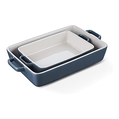 Selamica Ceramic Rectangular Baking Pans with Double Handle,Set Of 2(Grey) Cover