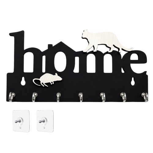 Image of Webelkart Premium Home Keys Wooden Key Holder (29 cm x 13.5 cm x 0.4 cm, Wood) 7 Hook - Decorative Items for Home Decor (Black-1)