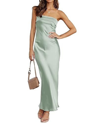 Image of MEROKEETY Women's Summer Satin Strapless Bodycon Dress 2026 Backless Tube Wedding Guest Cocktail Formal Party Maxi Dresses