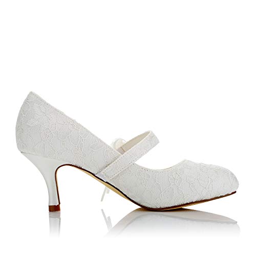 JIAJIA 586449 Women's Bridal Shoes Closed Toe Mid Heel Lace Satin Pumps Satin Flower Imitation Wedding Shoes - Image 4