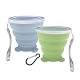 2 Pcs Collapsible Cups, Silicone Collapsible TravelCup, Expandable Folding Camping Drinking Cup with Lids Reusable Small Portable Mugs-Cup for Travel, Camping, Hiking,Outdoors (Light Blue&Green)