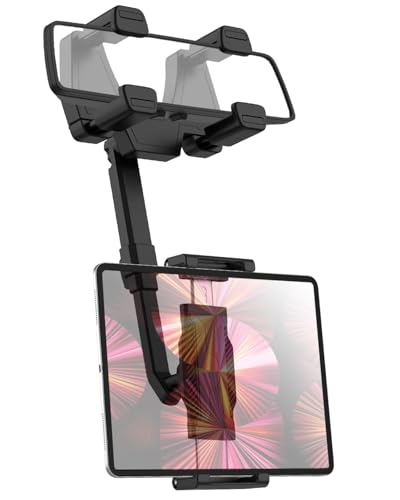 FreeSave Car Tablet Holder for Rearview Mirror with Upgraded 4 Claws Design, 360-Degree Rotatable and Retractable Truck Rear View Mirror Tablet Mount for iPad Pro/Air/Mini, Galaxy, 6.1-15.6' Devices