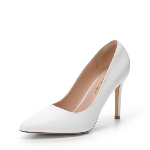 DREAM PAIRS Women's Closed Toe High Heels Dress Pointed Toe Wedding Pump Shoes,Size 7,White/Pu