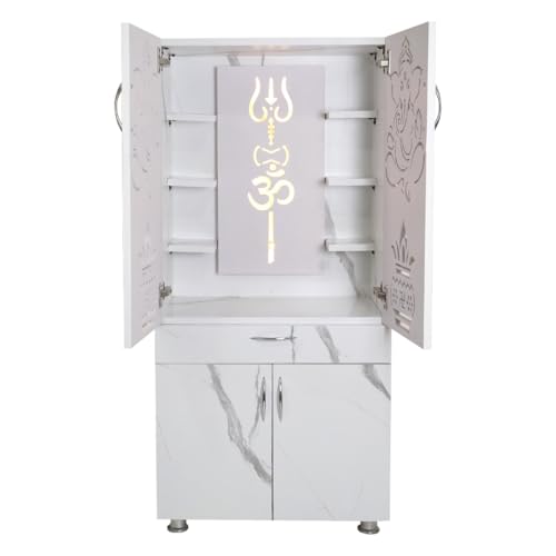 Image of White Marble Finish Mandir for Home with LED Light | OM Trishul Design | Large Size 130 x 60 x 34 cm | Modern Wooden Temple with Storage