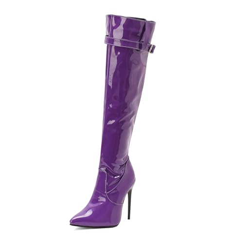 BEAUPAS Women's Patent Leather Over the Knee Boots Stiletto Heel Pointed Toe Boots Buckle