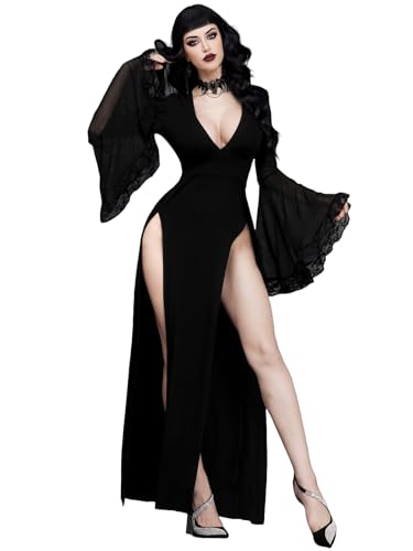 GothDark Womens Gothic Dress V Neck Mesh Bell Sleeve Lace Trim High Slit Sexy Witchy Halloween Party Prom Long Dresses Black