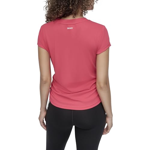 Image of DKNY Women's Short Sleeve V-Neck Tech Ruched Side Seam Active T-Shirt