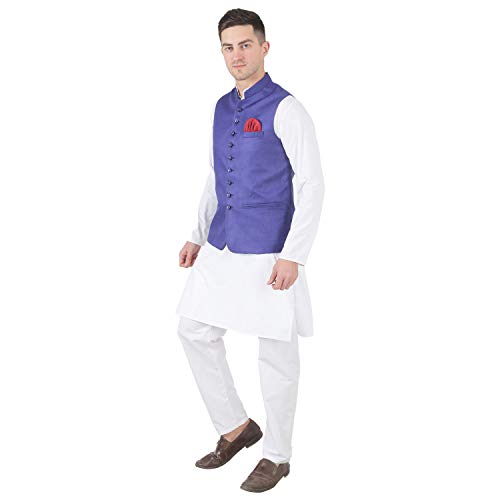 Image of TAHVO Men's Nehru Jacket /Waistcoat /Modi Jacket Cotton Fabric /Men 's 5 Button Nehru Jacket with Hanky Kurta Set