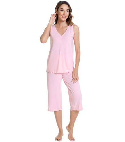 Image of NACHILA Women's Pajamas-Viscose made from Bamboo, V Neck Pjs Top with Capri Pants Pajama Set Sleeveless Sleepwear