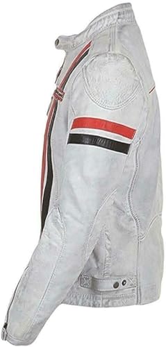Mens Vintage Cafe Racer Retro White Motorcycle Red Black Stripes Biker Cowhide Leather Jacket