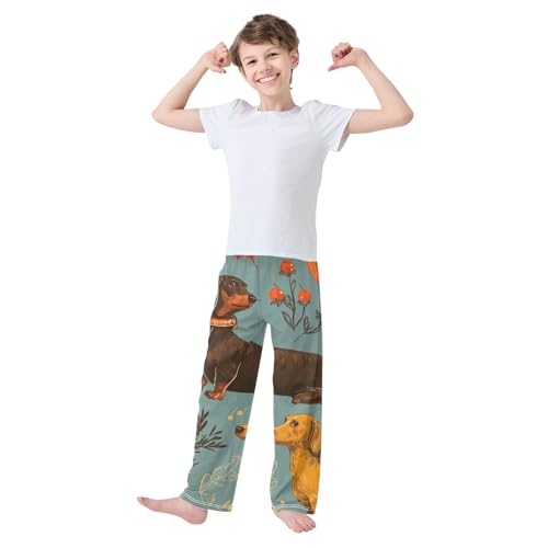 Dachshund Pumpkin Florals Boys Long Pants Soft Trousers Elastic Waist Kids Lounge Bottoms with Pockets S-XL3