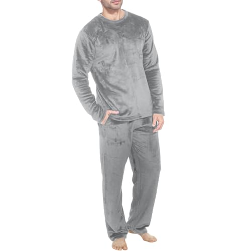 Cexiakong Conjunto de Pijama de Forro Polar para Hombre Largo de Invierno Calentado Conjunto de Dos Piezas de Pijama de Manga Larga de Frottee para Hombre con Bolsillos Activo, plata, L