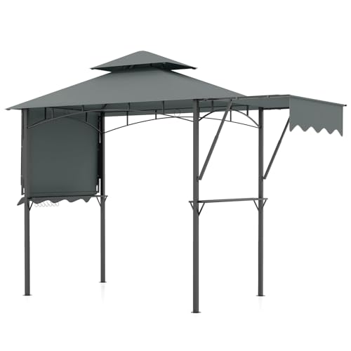 SPOTRAVEL BBQ Gazebo, Metal Frame Double Tiered Grill Shelter with 2 Side Shelves, Outdoor UV Resistant Grill Patio Canopy (Grey, with Extra Awnings, 4 x 1.5M)