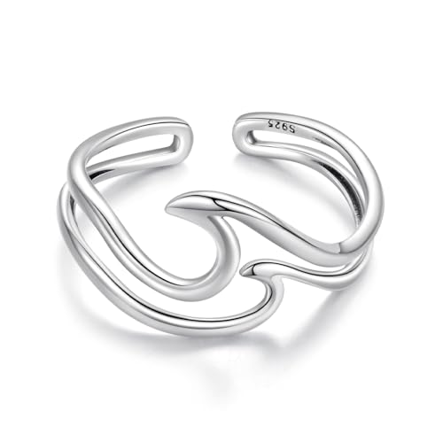 MUNDELL 925 Sterling Silver Curved Double-layer Open Ring Simple wave Adjustable Ring for Women Stackable Ring Fashion Jewelry