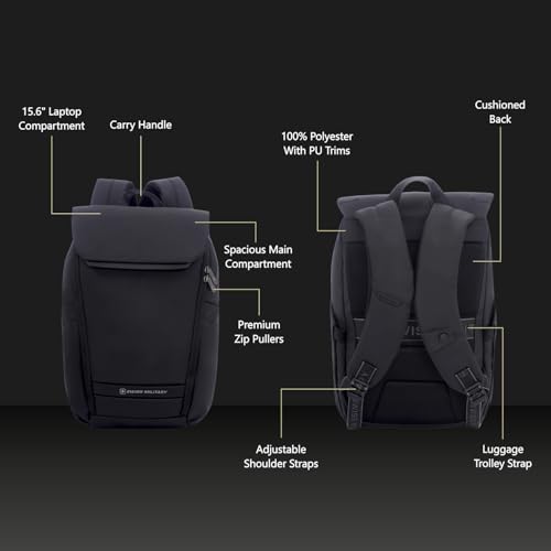 Image of SWISS MILITARY Black & Gold Collection Gazebo Laptop Backpack, PU Coated Water-Resistant Material,15.6 inch Laptop, 180 Openable Compartment & Quick Access & Anti-Theft Pocket with Trolley Strap, (21L)