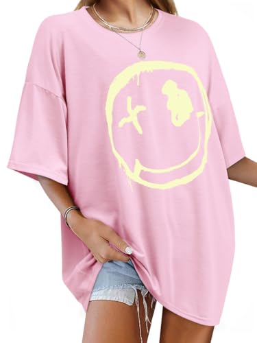 WIEIYM Damen Oversize Shirt Casual Tshirts Rundhals Kurzarm T-Shirt Tops Teenager Mädchen Sommer Bluse Oberteile,Rosa,L