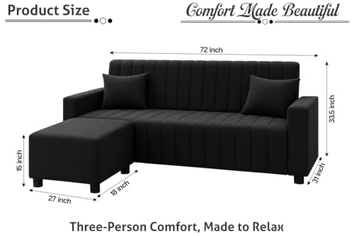Image of Rosebell Wooden 3 Seater Sofa Set with Ottoman | Living Room Couch | with Cushions | Sofa for Home, Apartment & Office-Black Color