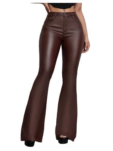 WDIRARA Women's Faux Leather Flare Pants Stretchy Skinny Leggings Bootcut Pants Chocolate Brown Tall-M