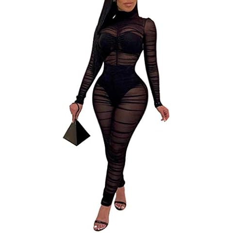 Uni Clau Women's Sheer Mesh Bodycon Jumpsuit Cover