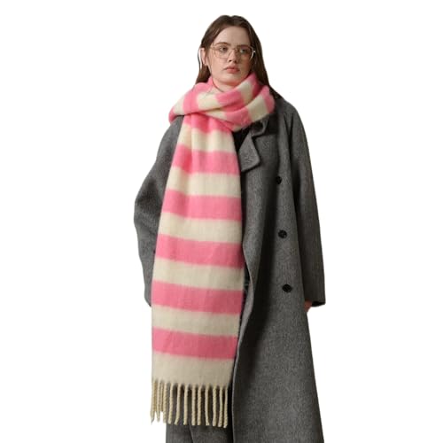 MININAI Womens Fall Winter Chunky Scarves Big Thick Warm Knit Blanket Scarf Long Oversized Striped Tassel Shawls Wraps (Beige Pink)