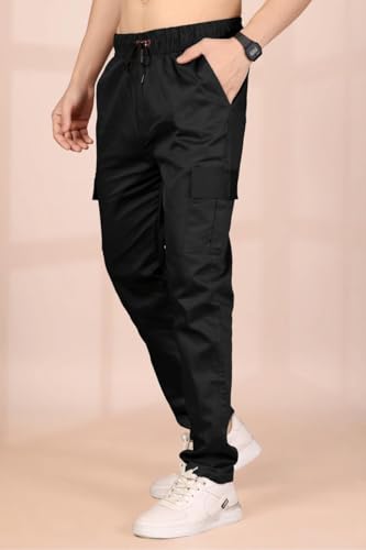 Image of Men's Solid Cargo Jogger Pants with Elastic Waistband & Side Utility Pockets