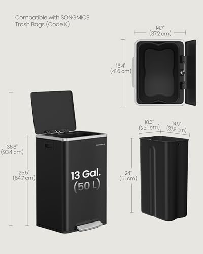Image of SONGMICS Trash Can, 13 Gallon (50 L), Stainless Steel, Soft-Close Lid