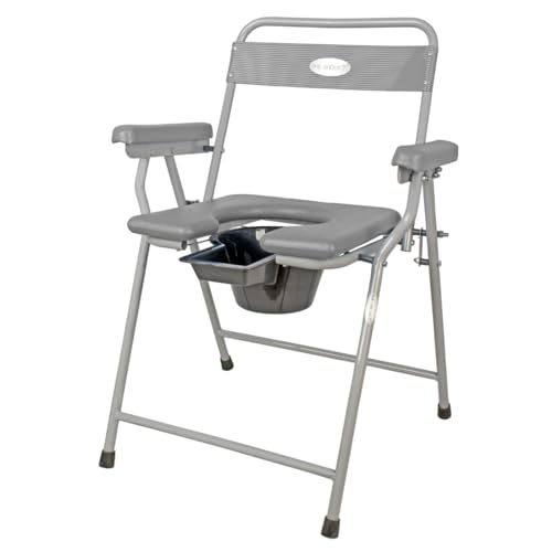 Image of Premium Folding Powder Coated Metal Steel Shower Bathing Room Mobile Commode Chair Indian Toilet Seat For Elderly Disabled Man and Pregant Women Support Safe Chair Anti-Slip (Grey)