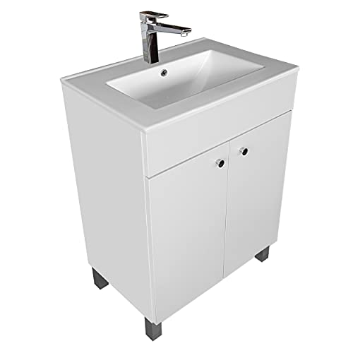 IGA Lavabo avec meuble sous vasque, à poser, angulaire, en céramique, ensemble de meubles de salle de bains, (blanc, 60 cm)