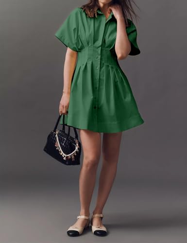 Image of Burtell Summer Button Down Pleated Shirt Dress for Women Striped Print V Neck Short Sleeve Mini Dress Casual Corset Dresses