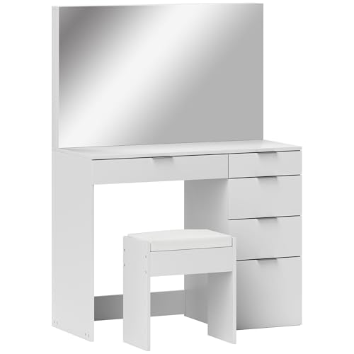 Homcom Postazione Trucco Con Specchio Grande E 5 Cassetti, Toeletta Trucco Con Sgabello Imbottito, Per Camera Da Letto, Bianco
