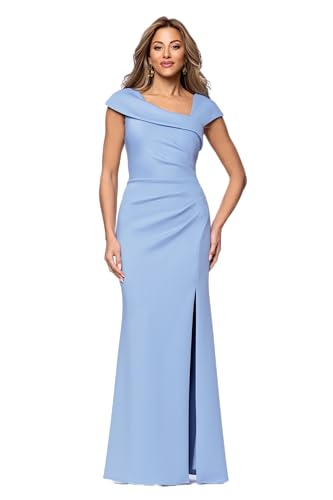 Image of Xscape Evenings Women's Long, Ruched Bodycon Low-Sheen Cross Front Halter Neck Evening Dress with Ruffle Detail