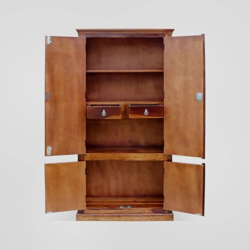 Image of Solid Sheesham Wood Diamond Cut 4 Door Almirah /Wardrobe /Cabinet with Storage of 4 Shelves and 2 Drawers, Pre-Assembled (Natural Honey Finish) (Honey) (F-Hony)