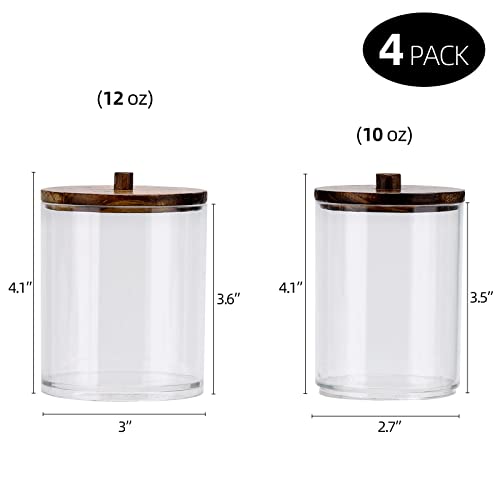Image of Tbestmax 4 Pack Qtip Holder Dispenser Cotton Ball, Cotton Swab, Floss - 12oz, 10 oz Clear Plastic Apothecary Jars for Bathroom Organizer and Storage Containers (Brown Wood Lids)