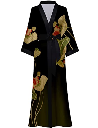 Women's Long Silk Robes Long Satin Robes Long Kimono Robes Floral Silky Bathrobes Dressing Gown, One Size