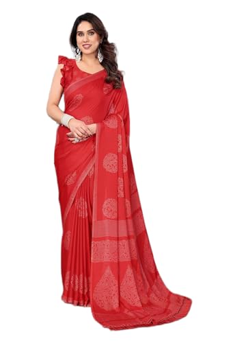 Image of Amazon Brand - Tavasya Womens Blocked Printed Daily Wear Chiffon Georgette Saree With Blouse With Blouse