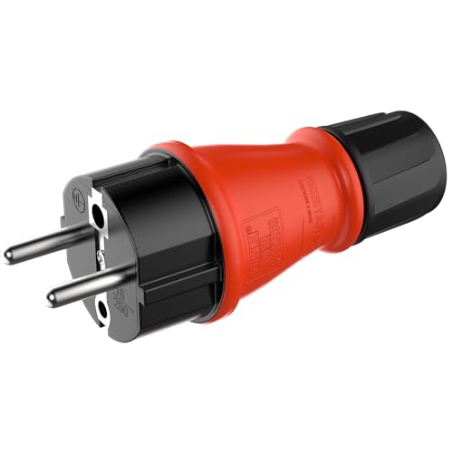 RedStar24 Schuko Stecker 230V IP54 - Robuster Schutzkontaktstecker aus Gummi & Kunststoff, Schwarz Rot | Hermetisch Versiegeltes Design | Perfekt für den Außenbereich | 3-Poliger Stromstecker