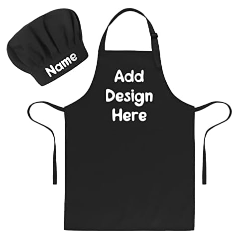 LAOKEAI Personalized Kids Apron and Chef Hat Set, Adjustable Cotton Children Aprons with Large Pockets, Boys Girls Kitchen Bib Aprons for Cooking Baking Painting Cover
