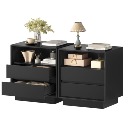 Image of TEENFON Nightstands Set of 2, Night Stand with 2 Drawers and Open Shelf, Nightstand Side Table with Cut-Out Handle, Bedside End Table for Bedroom, Black, 17.7″ L x 15.7″ W x 23.6″ H