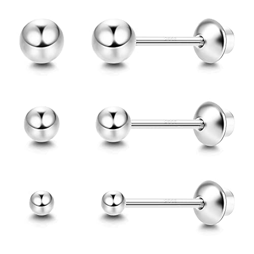 Sllaiss 3 Pairs Ball Stud Earrings Screw Back 925 Sterling Silver Cartilage Earrings Stud 14K Gold Plated Tiny Screwback Earrings For Women 2Mm-4Mm (Silver) #TOP29