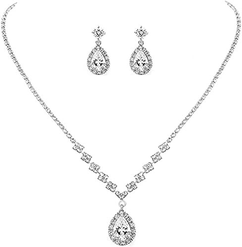 SYOSI Bride Crystal Necklace Earrings Set Bridal Wedding Jewelry Sets Rhinestone Choker Necklace Prom Costume Jewelry Set for Women and Girls(3 piece set - 2 earrings and 1 necklace)