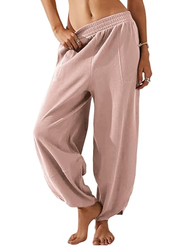 Image of Himosyber Women Cotton Pants Wide Leg Pants Casual Loose Baggy Elastic Waist Beach Palazzo Harem Pants