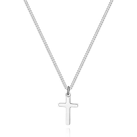 TASBERN Cross Necklace for Men Stainless Steel Silver Polished Plain Small Cross Pendant Necklace for Son Women 18 Inches Cuban Chain 16 inch Cover