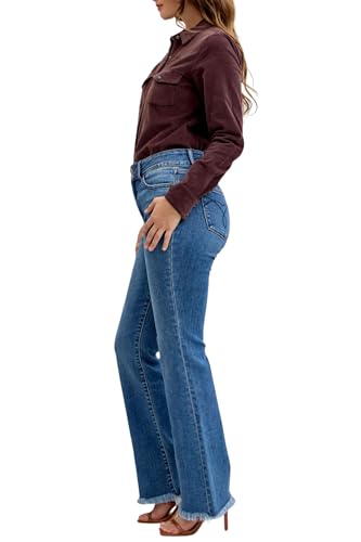 Judy Blue Women’s High Waist Bootcut Jeans – Double Button WB, Fray Hem, Stretch Denim, Inseam 32"3