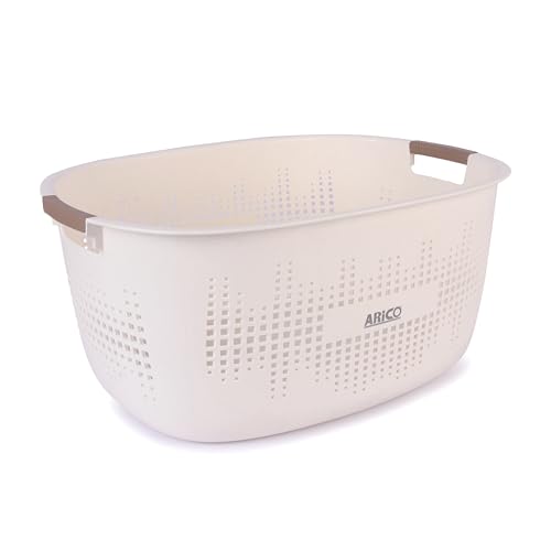 Image of ARICO Premium Plastic Laundry Basket with Comfort Grip Handles - Large Ventilated Clothes Storage Organizer for Bathroom, Bedroom & Home (Off-White, Oval Shape)