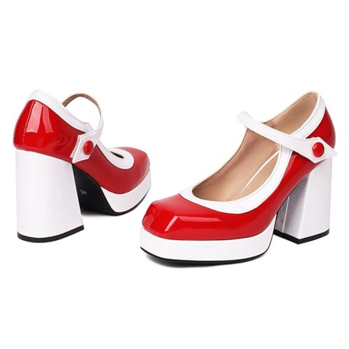 Alyaafifa Platform Chunky Heel Pumps for Women Comfortable Sexy Closed Square Toe Two-Tone Mary Jane Dress Shoes Patent Leather Party Business Evening Night Club Wedding4