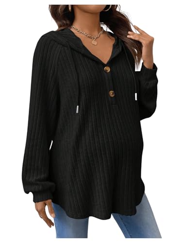 MakeMeChic Women's Maternity Sweatshirt Drawstring Button Long Sleeve Knitted Hoodie Pullover Pregnancy Tops Black Medium