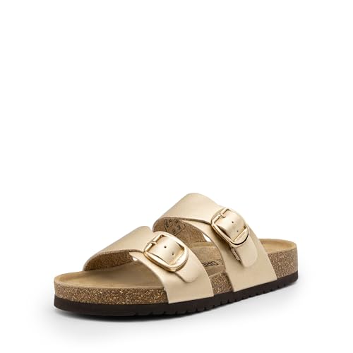 DREAM PAIRS Women's Slides Soft Genuine Footbed Sandals Comfortable Adjustable Double Buckle Slip-on Flat Sandals with Arch Support Frame Dual Slippers for Summer Footwear 7.5 Gold