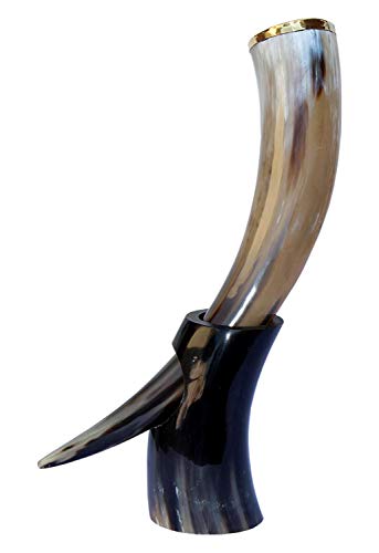 Genuine Handcrafted 18oz, Natural Viking Drinking Horn with Horn Stand for Beer Wine Ale and Mead Champagne (Brass Rim)