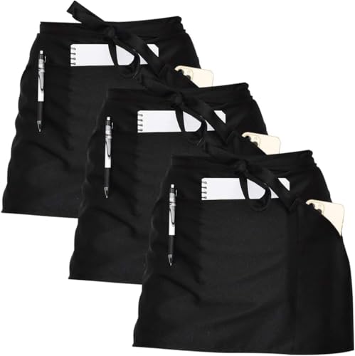 Joeji's 3er Set Schürze Damen Taillenschürze - Kellnerschürze Mit 3 Taschen - Schürzen Gastronomie Halbschürze Unisex -Bistro Kochs Back Restaurant Café Schürze Für Küche - Schwarze