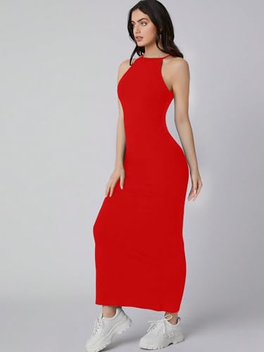 Image of Aahwan Pink Solid Halter Neck Solid Bodycon Midi Dress for Women's & Girl's